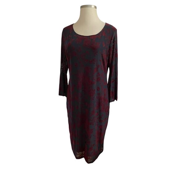HAANI 1X Wine Flocked Velvet Floral Print Bell Sleeve Hem - Picture 2 of 7